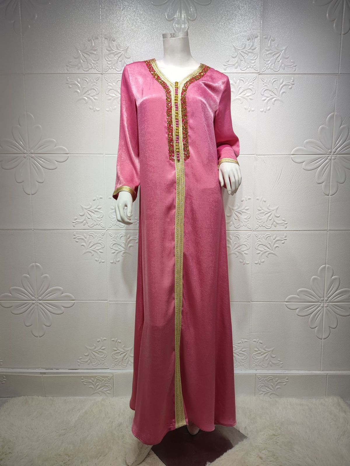 Women's Embellished Abaya Dress - Elegant Muslim Long Dress With Crystal Beading & Lace Trim_ecoleips.com