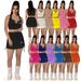 Y71356 Women's Cotton Ribbed High Elastic V-neck Waist Drawstring Embroidered Short Skirt Set_ecoleips.com