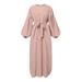 New Cross-border Elegant And Simple Lace-up Muslim Dress, Long-sleeved Solid Color Sundress Robe_ecoleips.com