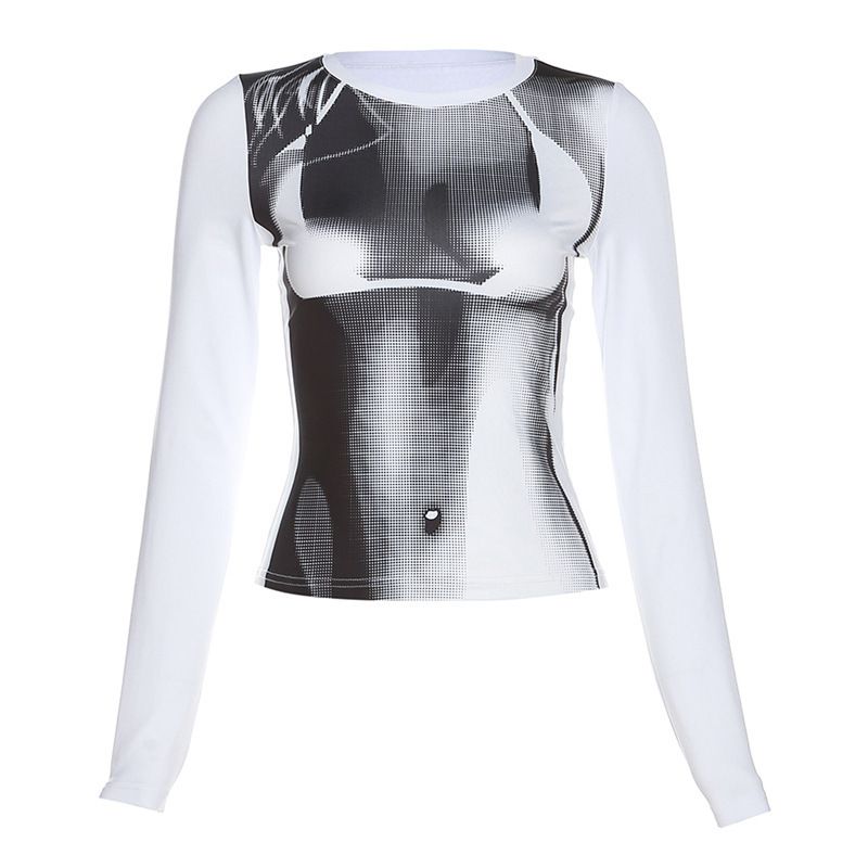 Aria Basics Aria Basics European And American 2024 Spring/Summer Women's Fashion New Street Style 3D Printed Long Sleeve Slim Fit T-Shirt_ecoleips.com