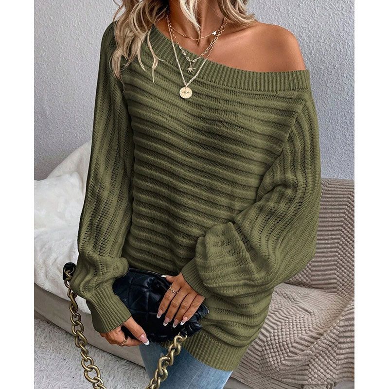 Elegant Batwing Sleeve Knit Sweater Women's Solid Color Oversized Pullover - Crew Neck, Textured Stripe, Comfy Acrylic Fabric For Work & Casual_ecoleips.com