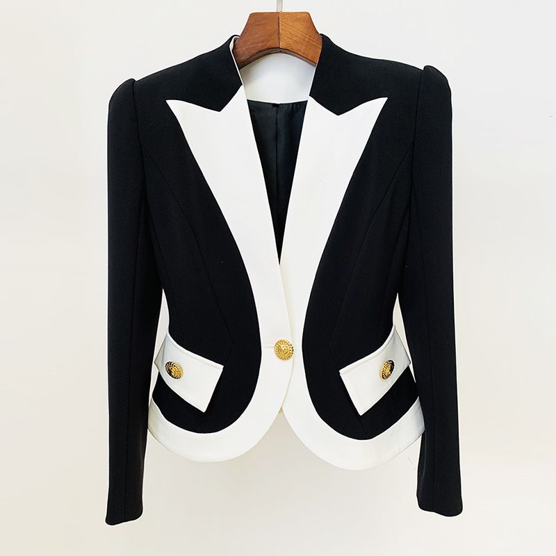 Women's Clothing Celebrity Fashion Color Matching Contrast Color Slim Fit One Button Suit Jacket Coat_ecoleips.com