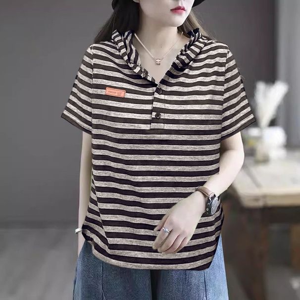 Korean-Style Hooded T-Shirt, Loose Short-Sleeve Striped, Slimming This Summer, Color-Blocking Women's Top, Short-Sleeve_ecoleips.com