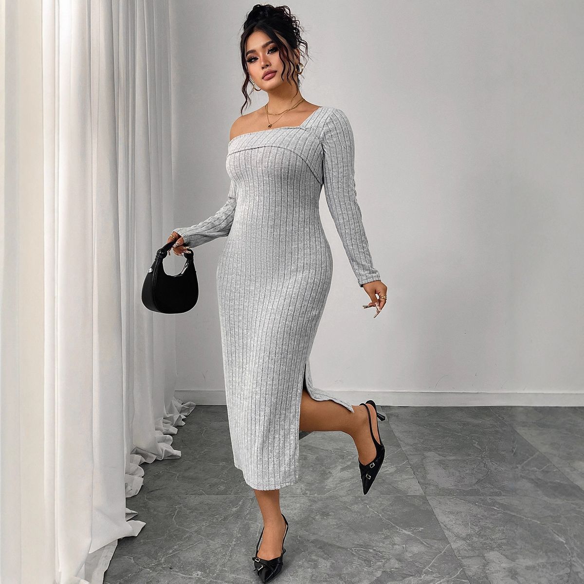 Women's Clothing Plus Size Clothes "Elegant Ribbed Square Neck Bodycon Dress – Off-Shoulder Long Sleeve Slit Dress For Women_ecoleips.com