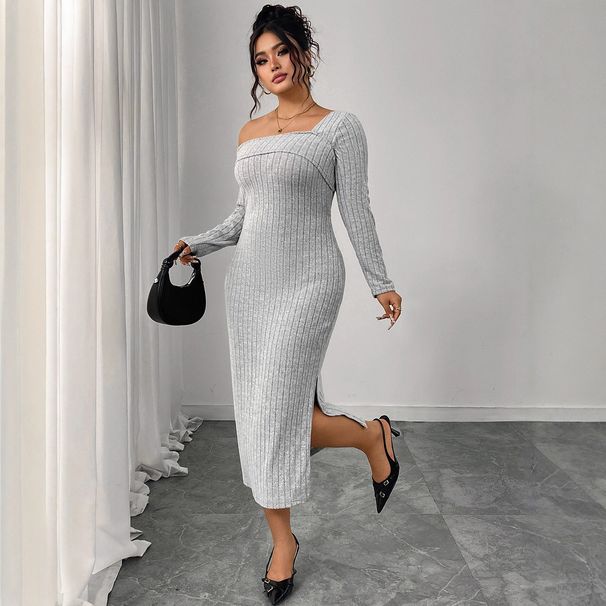 Women's Clothing Plus Size Clothes "Elegant Ribbed Square Neck Bodycon Dress – Off-Shoulder Long Sleeve Slit Dress For Women_ecoleips.com