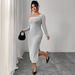 Women's Clothing Plus Size Clothes "Elegant Ribbed Square Neck Bodycon Dress – Off-Shoulder Long Sleeve Slit Dress For Women_ecoleips.com