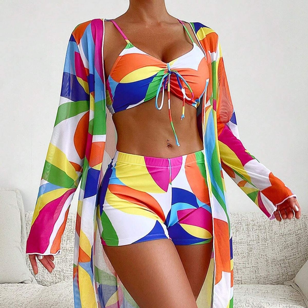 Women's Clothing Swimsuit Women's Split Three Piece Set High Waist Long Sleeve Net Celebrity Suit Blouse Sexy Bikini_ecoleips.com
