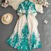 Women's Clothing Retro Palace Style Short Sleeved Lapel Waist Single Breasted A Line Printed Belt Pleated Dress With Long Swing Skirt_ecoleips.com