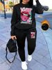 Women's Autumn And Winter Hip-hop Casual Street Lip Print Letter Pattern Print Round Neck Sports Shirt+sports Pants Set-554_ecoleips.com