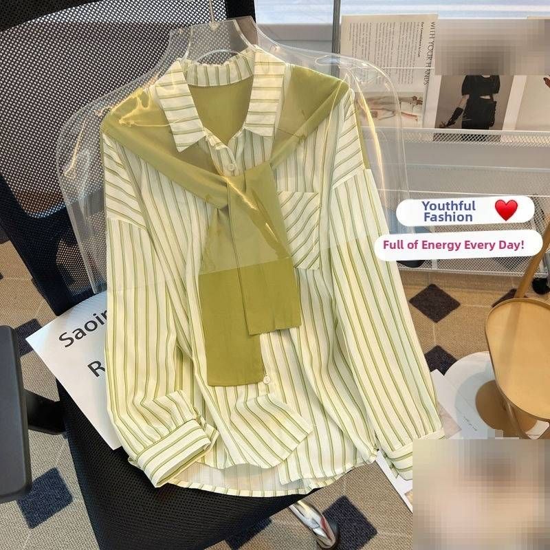 Women's Clothing Long Sleeved Shirt Slim Fit Striped Top Loose Fake Two Piece Shawl Spring New Style_ecoleips.com