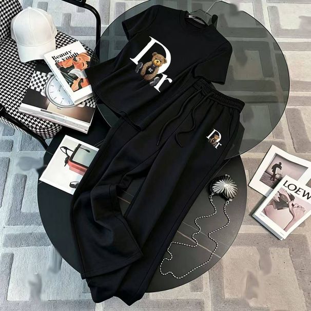 New 2026 Women's T-shirt+Wide Leg Sports Mid Waist Loose Drawstring Straight Pants Casual Set In Stock_ecoleips.com