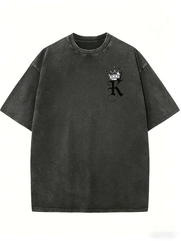 Vintage Acid Washed Black Oversized T Shirt Women Gothic Crown K Letter Small Chest Print Loose Short Sleeve Casual Basic Streetwear Top_ecoleips.com