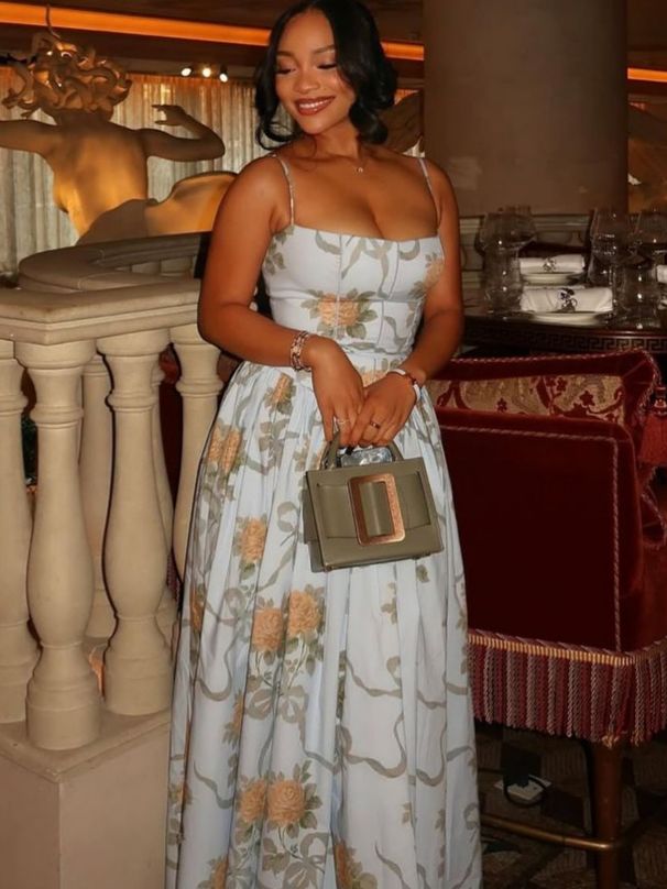 Women's Floral Print Halter Belted Maxi Dress – French Style Elegant Summer Party Gown_ecoleips.com