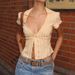 French Vintage Style Women's T-Shirt - Sexy Button-Up Short Sleeve Blouse With Ruffled Sleeves, Retro Striped Print, Polyester Blend_ecoleips.com