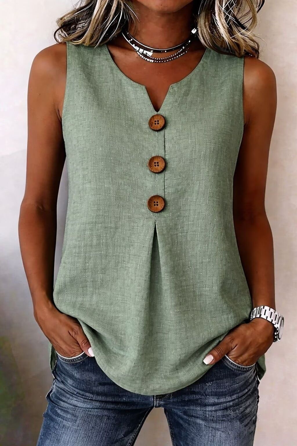 Women's Casual Loose Top V Neck Front Button Sleeveless Vest Pleated Hem American Style New_ecoleips.com