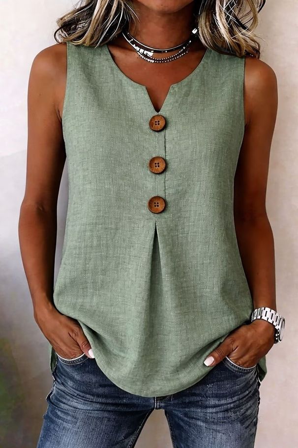 Women's Casual Loose Top V Neck Front Button Sleeveless Vest Pleated Hem American Style New_ecoleips.com