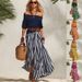 Women's Clothing Women's Nautical Resort Style Set Off Shoulder Top And Slit Skirt Spring/Summer Top Skirt Ensemble_ecoleips.com