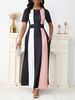 Women's Clothing New Temperament Slim Fashion Contrast Color Dress Short Sleeve Long Skirt_ecoleips.com