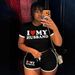 Women's Valentine's Day Letter Print Set Black White Color Block Short Sleeve T-Shirt Drawstring Shorts Two Piece Outfit_ecoleips.com