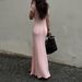 Cross Border Short Sleeved Knitted Dress, European And American Style, 2026 Spring/summer New V Neck Slit Long Dress, Slim Fit._ecoleips.com