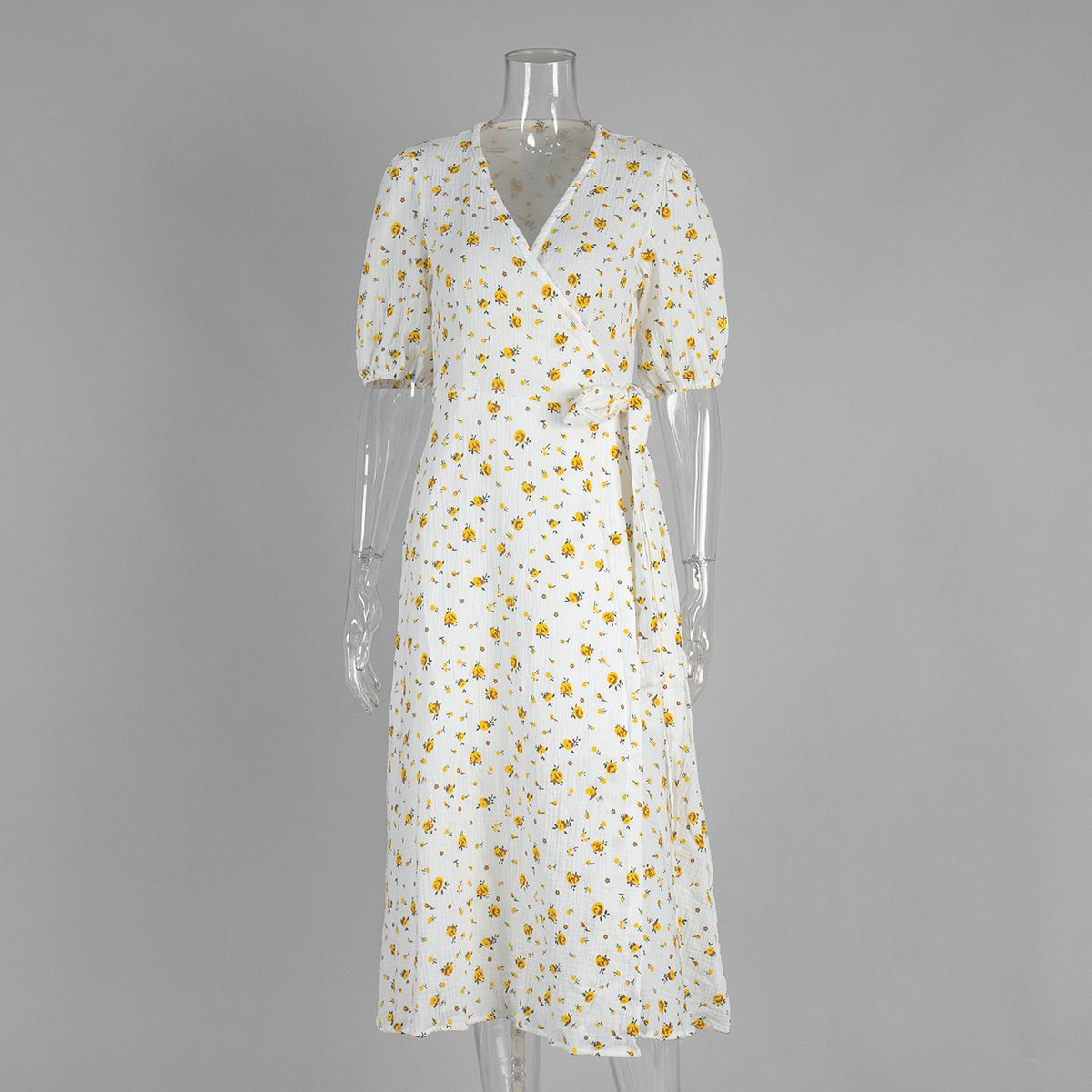 Pure Cotton Printed Dress European And American 2025 New Women's Puff Sleeve V Neck Lace Short Sleeved Printed Dress_ecoleips.com