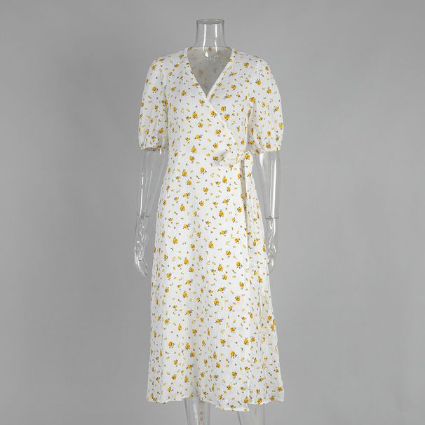 Pure Cotton Printed Dress European And American 2025 New Women's Puff Sleeve V Neck Lace Short Sleeved Printed Dress_ecoleips.com