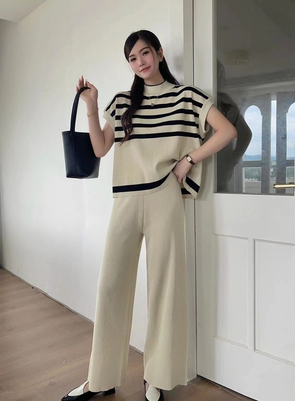 Women's High-End Fashion Striped Knitted Waistcoat And Slim Wide Leg Pants Set Casual Spring/Autumn Outfit_ecoleips.com