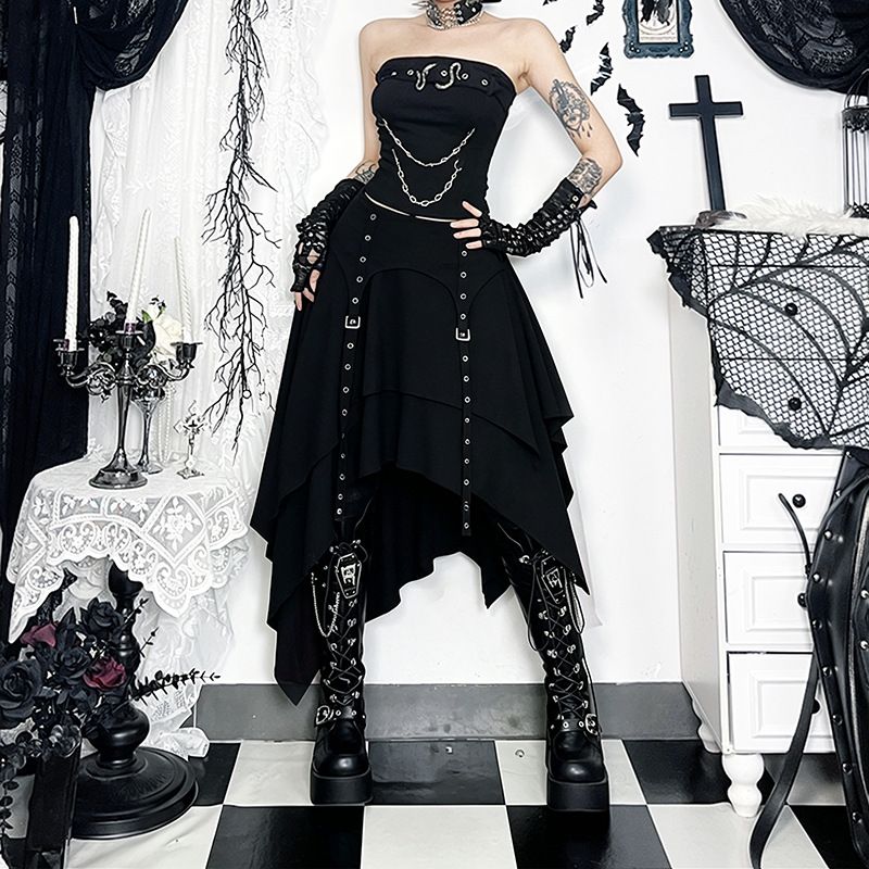 Dark Summer Sexy Long Skirt for Women Street Punk Gothic Style Eye Catching Half Skirt Hot Girl Fashion Bottoms_ecoleips.com