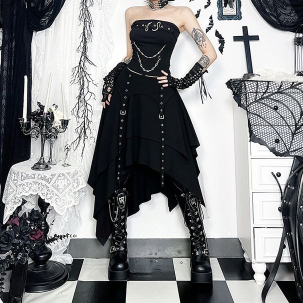 Dark Summer Sexy Long Skirt for Women Street Punk Gothic Style Eye Catching Half Skirt Hot Girl Fashion Bottoms_ecoleips.com