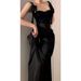 French Hepburn High-End Light Niche Unique Chic Little Black Strap Set Long Dress_ecoleips.com