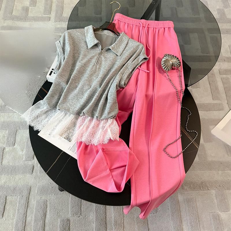 Women's Clothing Retro Casual Sports Suit Half Open Collar Lace Splicing Short Sleeved Trousers Two Piece Suit_ecoleips.com