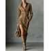 Shirt Collar Button-Down Dress With Pockets – Long Sleeve Asymmetrical Hem Dress For Women, Casual & Office Wear (Light Brown/Dark Brown)_ecoleips.com