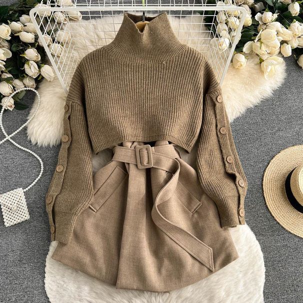 Women's Clothing Elegant Knit Vest & Blazer Dress Set – Korean-Inspired Spring Layering Two-Piece_ecoleips.com