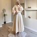 Elegant Women's Beige Round Neck Lantern Sleeve Blouse & Flared Skirt Set - Stylish & Versatile Outfit For Casual & Formal Occasions_ecoleips.com