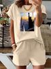 Summer New Pink New York NU Pattern T-shirt, Casual Printed Round Neck Short Sleeved Top With Elastic Waist Pocket, Women's Two-piece Set-289_ecoleips.com