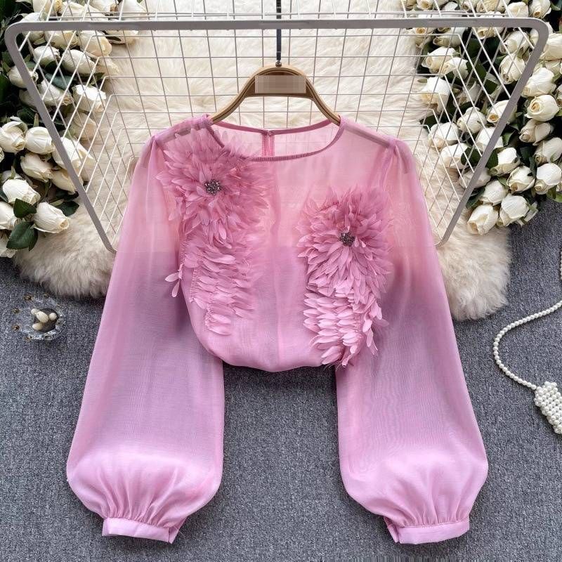 Women's Clothing Slim Fit Puff Sleeve Pullover Shirt French Style 3D Flowers Design Versatile Spring Top For Women_ecoleips.com