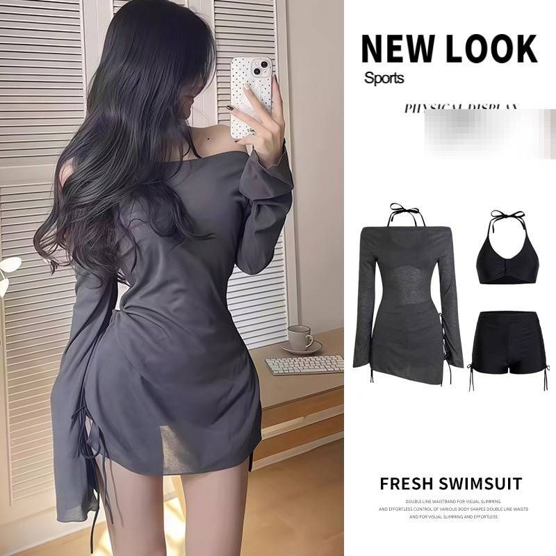 Women's Slimming Off-Shoulder Two-Piece Bikini Swimsuit Long Sleeved Cover up Sexy Style for Small Busts Spring/Summer 2025 New Arrival_ecoleips.com