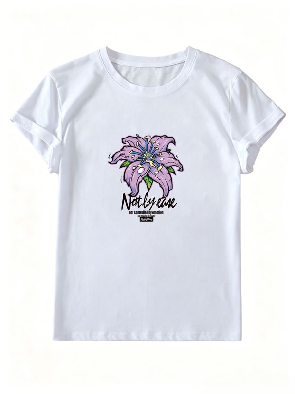 Women's Retro Purple Lily Floral Letter Graphic T-Shirt Round Neck Short Sleeve Loose Casual Streetwear Summer Daily Tops_ecoleips.com