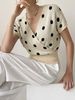Women Soft Skin-Friendly Breathable Polka Dot Knit Top Wrap V Neck Short Sleeve Loose Waist Cinch Cropped Knit Blouse_ecoleips.com