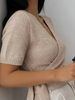 Women Wrap V Neck Knit Short Sleeve Top, Loose Side Tie Knit Blouse Lightweight Breathable Ribbed Trim Soft Skin Friendly Knit Shirt_ecoleips.com