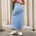 Women's Bow-Tie Pearl Denim Midi Skirt – Stretch-Free A-Line Skirt For Casual & Streetwear | XS-L (Blue)_ecoleips.com
