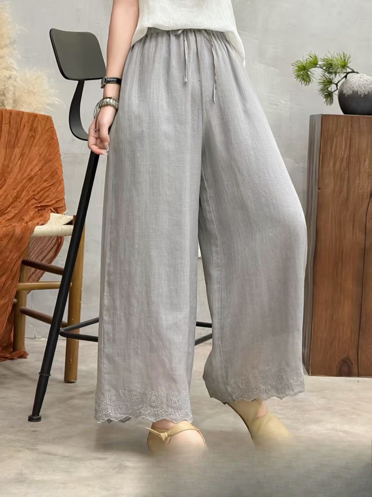 Suitable For All Seasons Loose Embroidered Double-Layer Ramie Wide-Leg For Women 2025 Summer New Elegant Solid Color Linen Versatile Straight-Leg_ecoleips.com