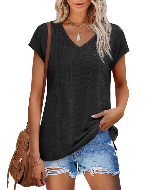 XIEERDUO Womens Tops V Neck Cap Sleeve Loose Fit Tee Shirts Summer Spring 2025 Eyelet/Printed_ecoleips.com