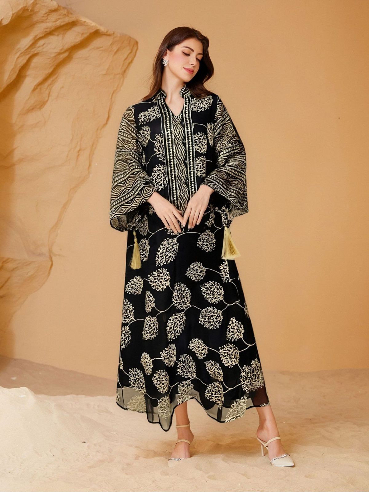 Elegant Embroidered Abaya Dress With Sheer Lace & Sequins – Modest Islamic Maxi Gown For Women, Flowy Bell-Sleeve Dubai Style Long Dress_ecoleips.com