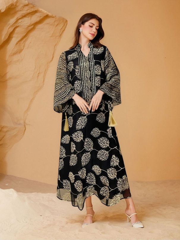 Elegant Embroidered Abaya Dress With Sheer Lace & Sequins – Modest Islamic Maxi Gown For Women, Flowy Bell-Sleeve Dubai Style Long Dress_ecoleips.com