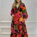 Women's Clothing Women's Fashion Elegant V Neck Geometric Print Splicing Large Skirt Waist Dress Female_ecoleips.com