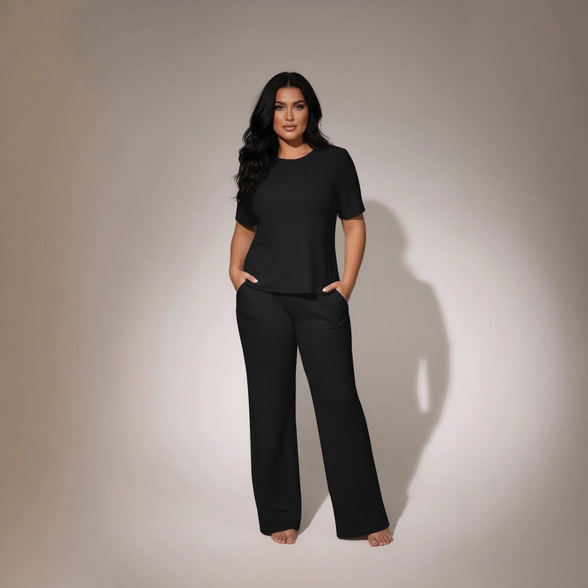 Women's 2-Piece Waffle Knit Lounge Set Short Sleeve Top And Pants Comfort Casual Outfit Versatile Day-To-Night Wear_ecoleips.com