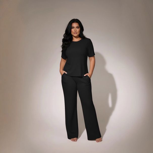 Women's 2-Piece Waffle Knit Lounge Set Short Sleeve Top And Pants Comfort Casual Outfit Versatile Day-To-Night Wear_ecoleips.com