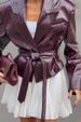 Trendy Belted Faux Leather Jacket With Glossy Finish, Streetwear Overshirt For Women & Men, Fall Fashion Outerwear (Dark Red)_ecoleips.com