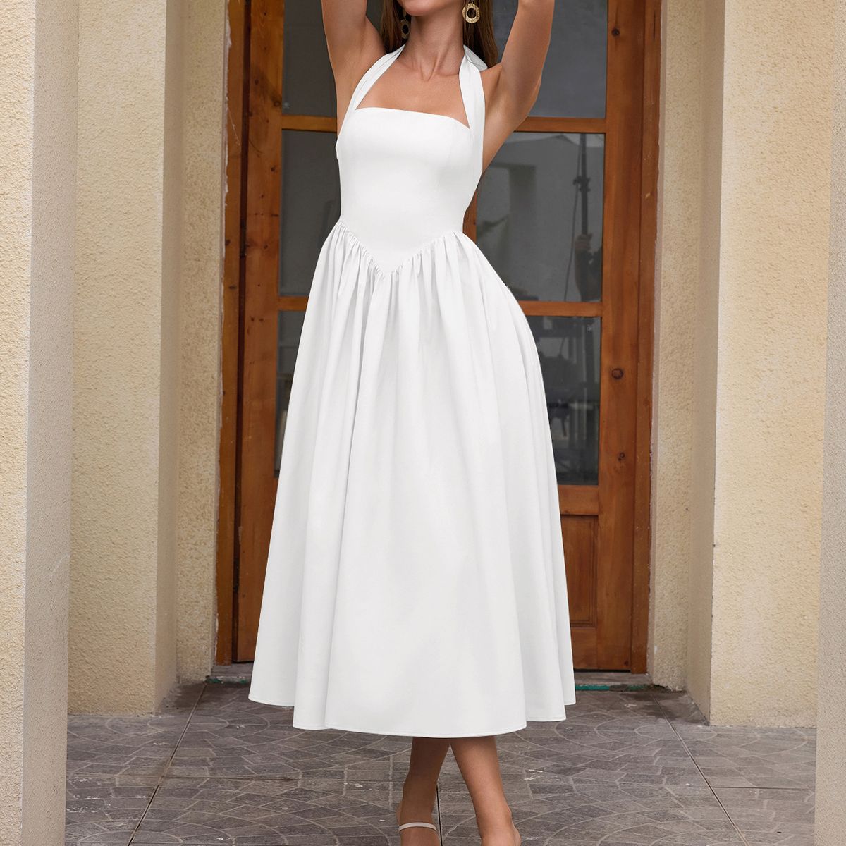 European American Vacation Style Women's Halter Neck Tie-Up Slim Fit Dress Sexy Backless Solid Color Midi Dress_ecoleips.com